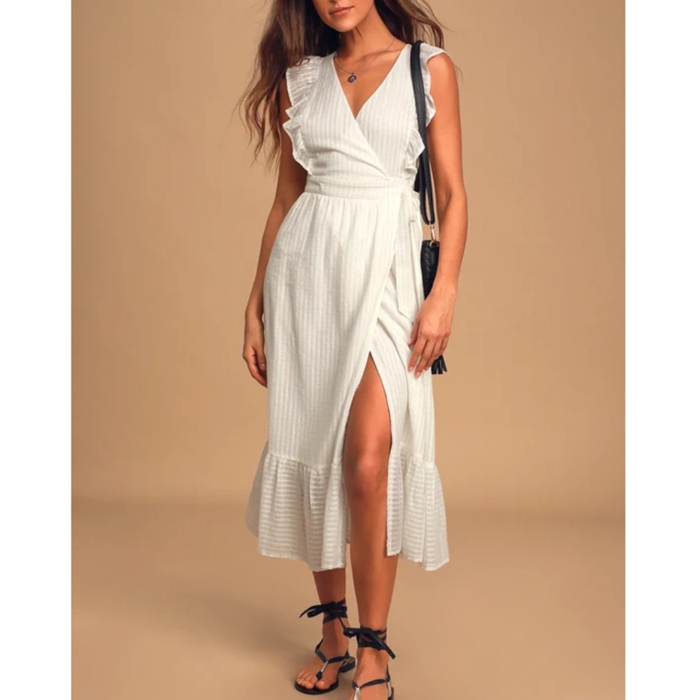 Lulus Something to See White Striped Ruffled Wrap Midi Dress